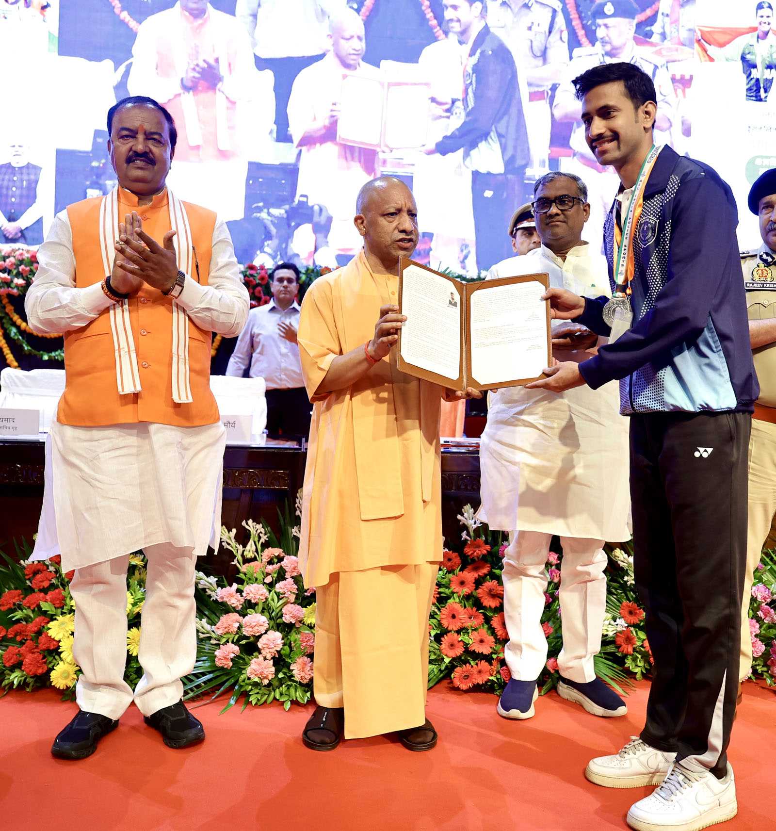 Hon'ble Chief Minister Yogi Adityanath distributing appointment letters to 470 sports talents selected under the Skilled Sports Quota in the Uttar Pradesh Police at Lok Bhawan, Lucknow on October 8, 2026.