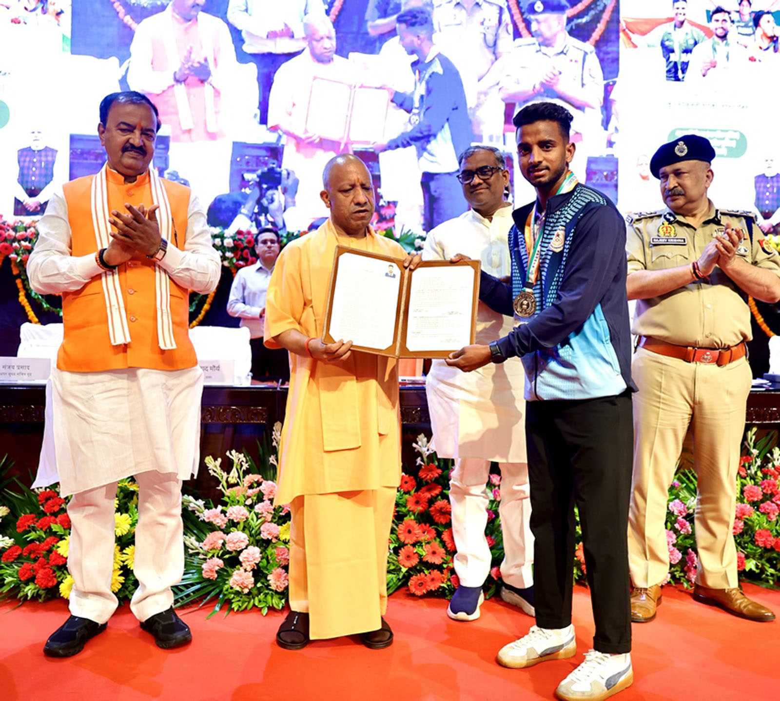 Hon'ble Chief Minister Yogi Adityanath distributing appointment letters to 470 sports talents selected under the Skilled Sports Quota in the Uttar Pradesh Police at Lok Bhawan, Lucknow on October 8, 2026.