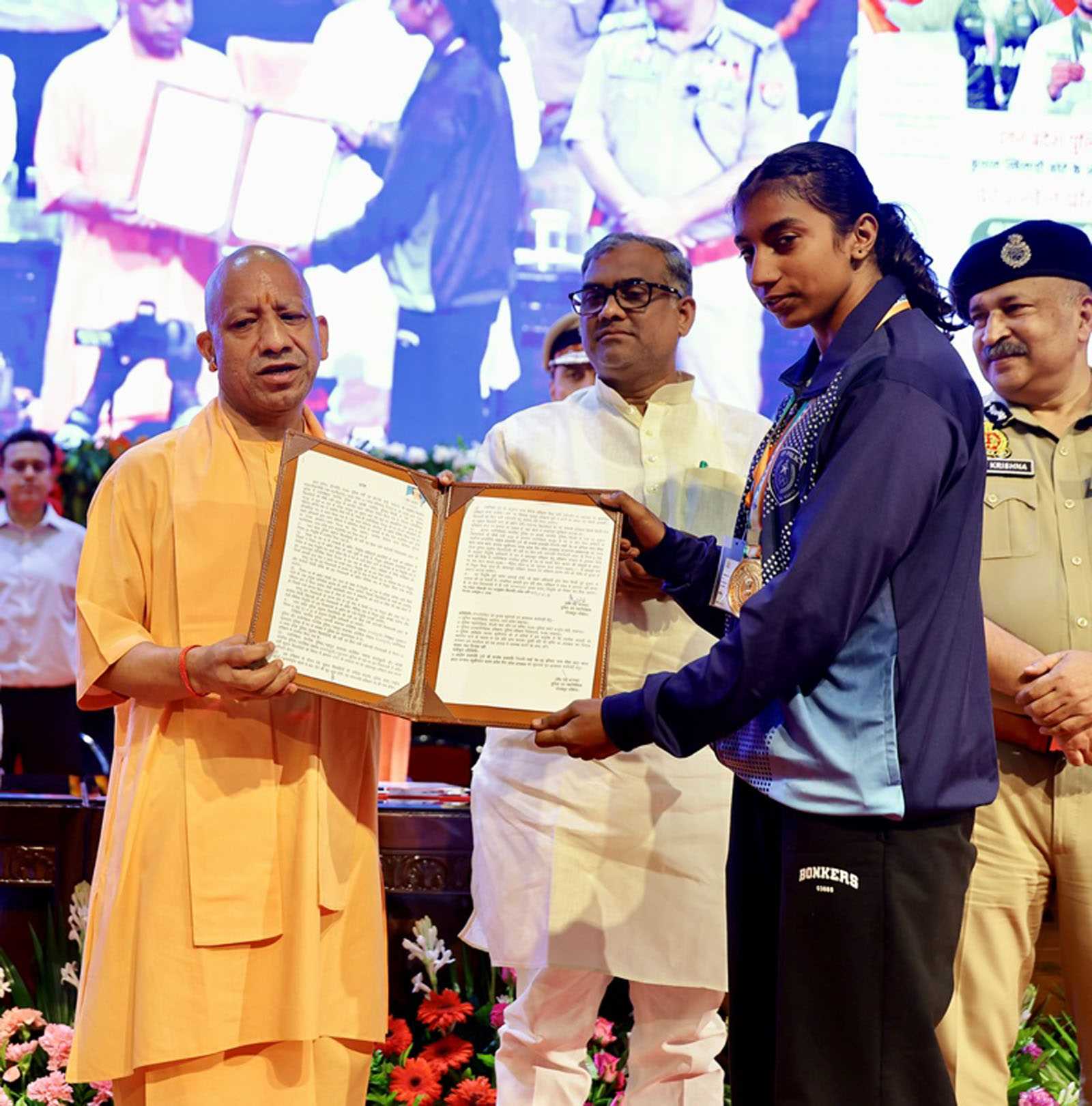 Hon'ble Chief Minister Yogi Adityanath distributing appointment letters to 470 sports talents selected under the Skilled Sports Quota in the Uttar Pradesh Police at Lok Bhawan, Lucknow on October 8, 2026.