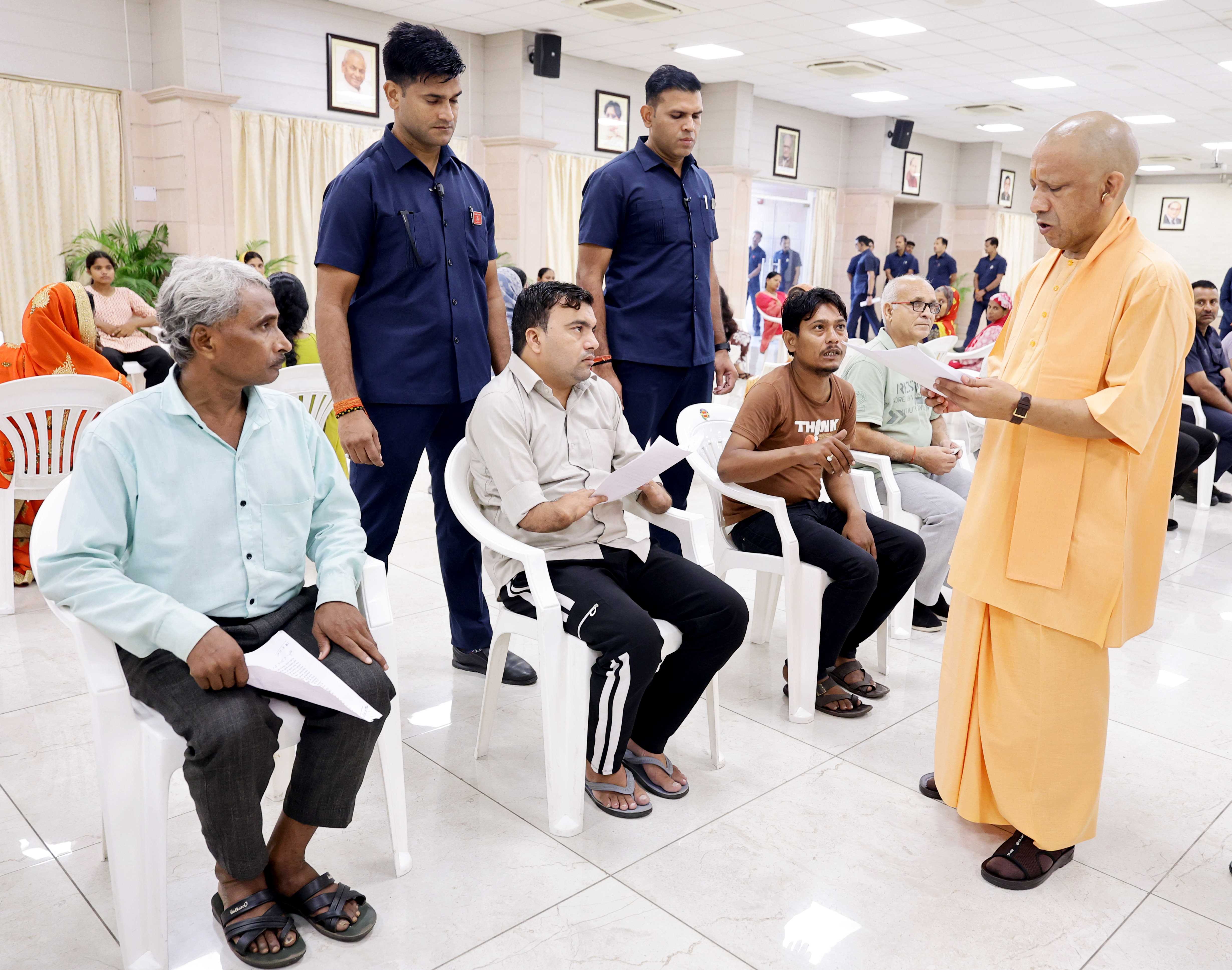 Hon'ble Chief Minister Yogi Adityanath ji listening to the problems of the people in the Janta Darshan organized at his official residence 5-Kalidas Marg, Lucknow on August 24, 2026 and giving instructions to the concerned officials to resolve the public problems on priority basis.