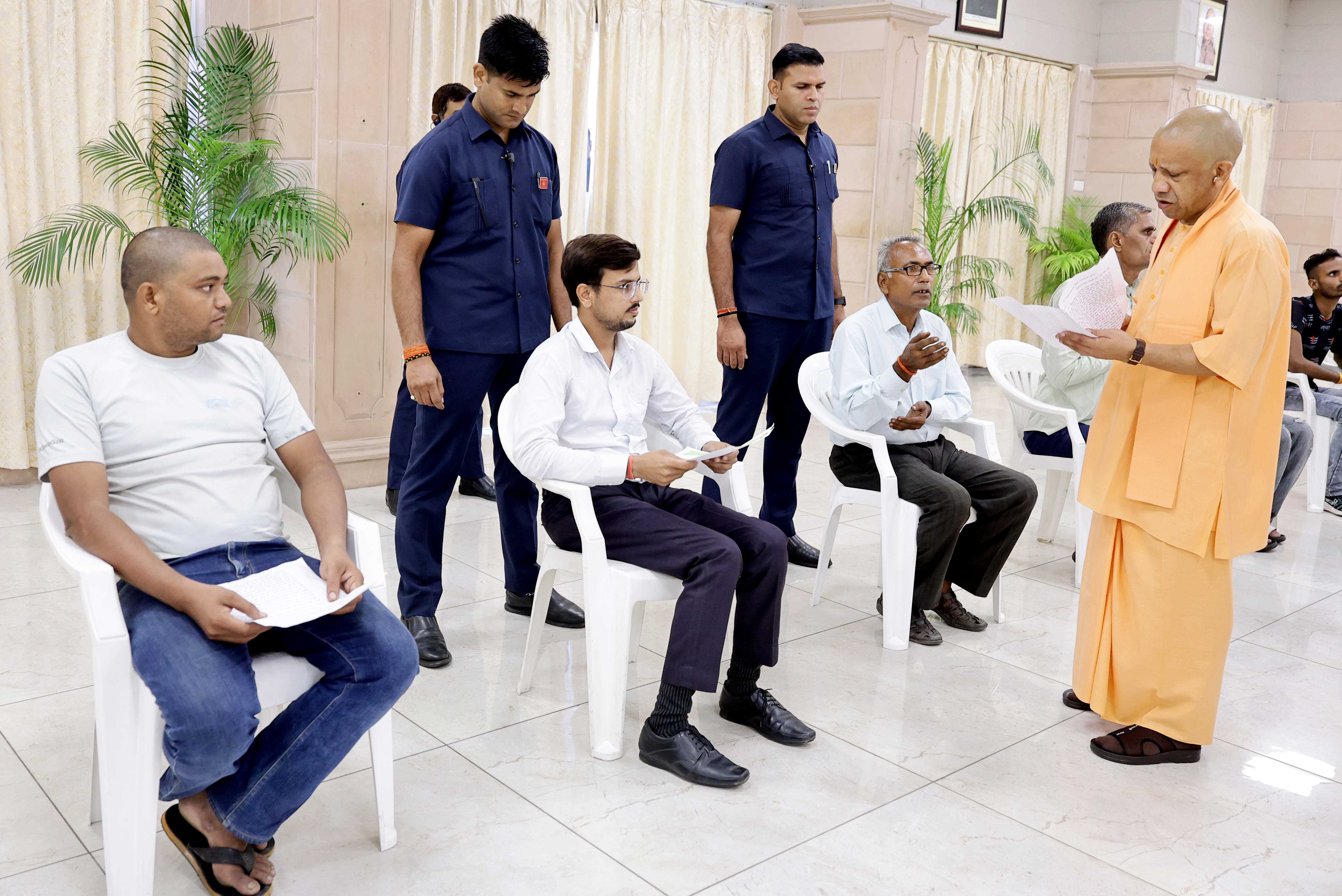 Hon'ble Chief Minister Yogi Adityanath ji listening to the problems of the people in the Janta Darshan organized at his official residence 5-Kalidas Marg, Lucknow on August 24, 2026 and giving instructions to the concerned officials to resolve the public problems on priority basis.
